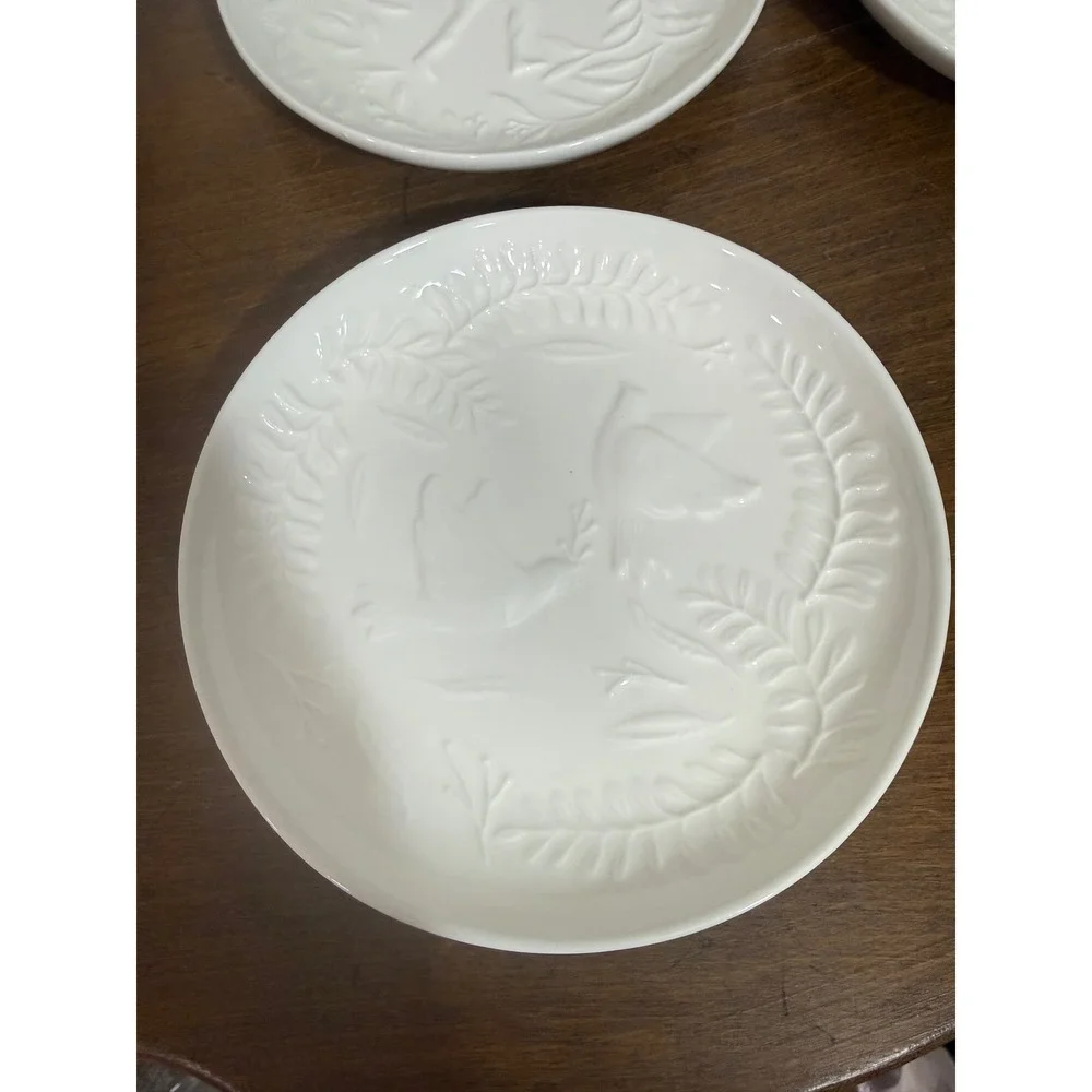 West Elm 12‎ Days of Christmas White Ceramic Dessert Appetizer Plates Embossed
